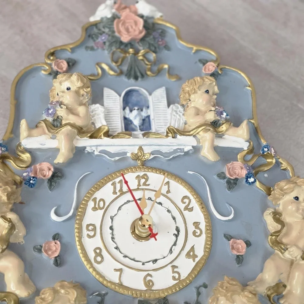 Vintage 3D Cherub Angel Cupid & Roses Hanging Chime Musical Wall Clock Works!